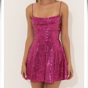 Lucy in the sky-Jewel Sequin Cowl Neck Dress in Pink